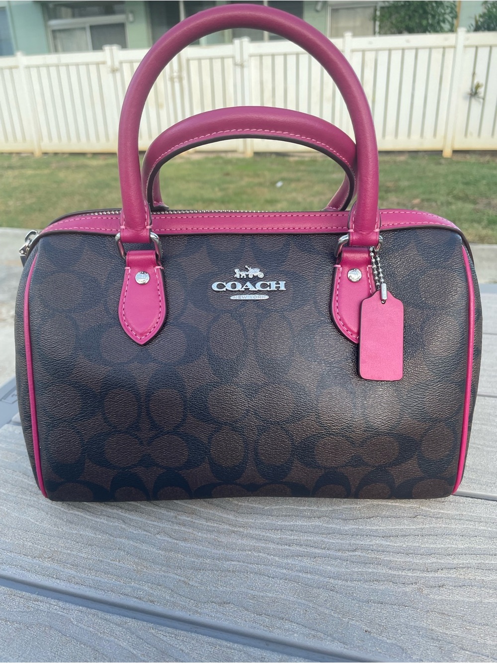 Coach Medium Signature Rowen with Fuchsia Trim